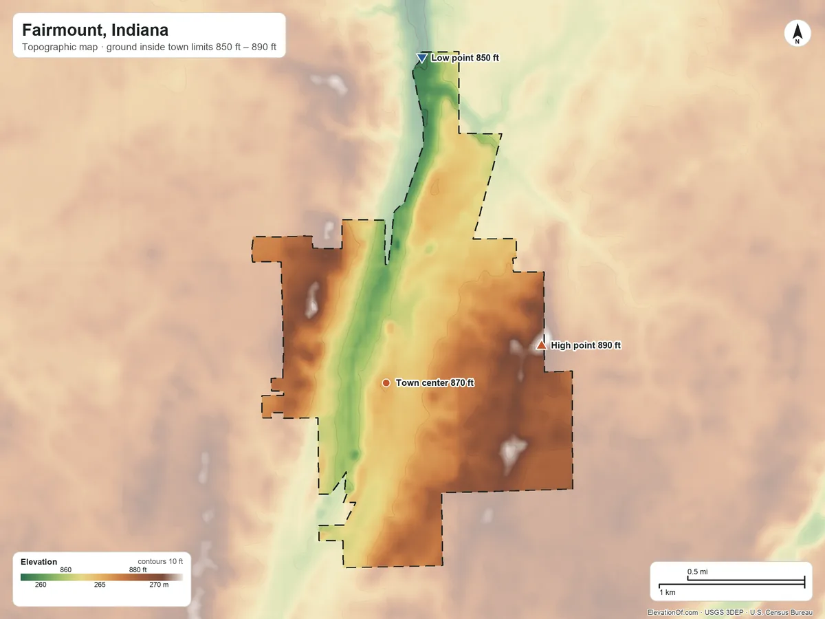 Topographic elevation map of Fairmount, Indiana, shaded from 850 ft on the north side to 890 ft on the east side