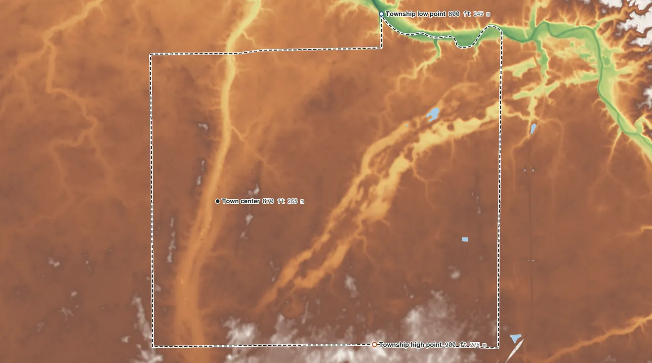 Topographic elevation map of Fairmount Township, Indiana, shaded from 800 ft on the northeast side to 900 ft on the southeast side