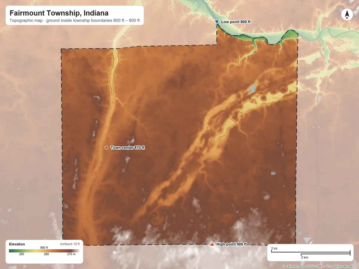 Topographic elevation map of Fairmount Township, Indiana, shaded from 800 ft on the northeast side to 900 ft on the southeast side