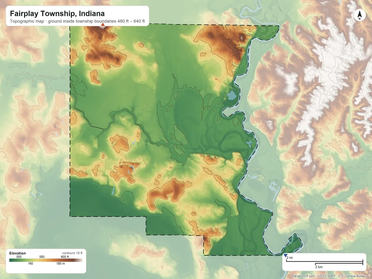 Topographic elevation map of Fairplay Township, Indiana, shaded from 480 ft on the southeast side to 640 ft on the north side
