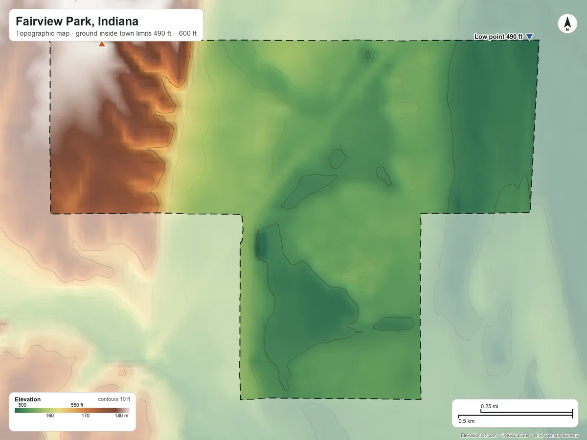 Topographic elevation map of Fairview Park, Indiana, shaded from 490 ft on the northeast side to 600 ft on the northwest side