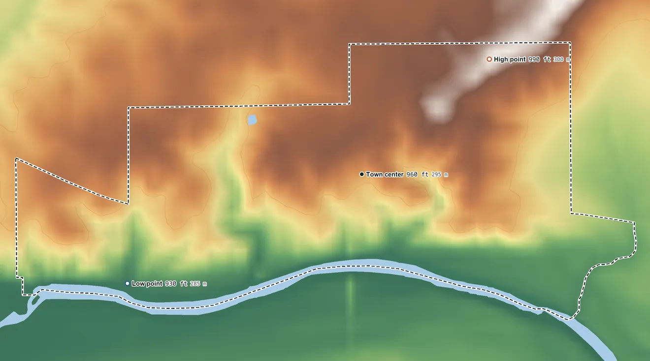 Topographic elevation map of Fairview, Indiana, shaded from 930 ft on the southwest side to 990 ft on the northeast side