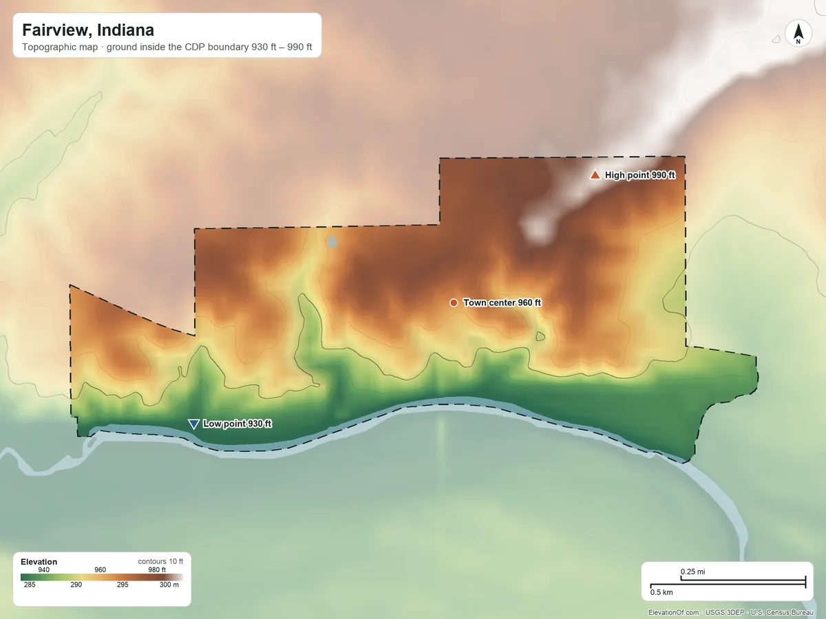 Topographic elevation map of Fairview, Indiana, shaded from 930 ft on the southwest side to 990 ft on the northeast side