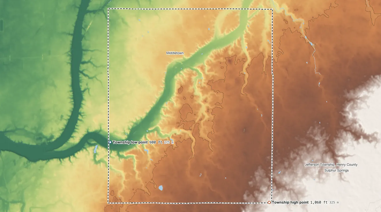 Topographic elevation map of Fall Creek Township, Henry County, Indiana, shaded from 900 ft on the southwest side to 1,060 ft on the southeast side