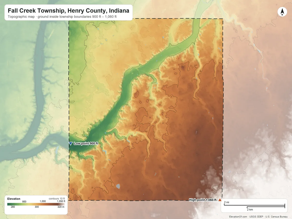 Topographic elevation map of Fall Creek Township, Henry County, Indiana, shaded from 900 ft on the southwest side to 1,060 ft on the southeast side