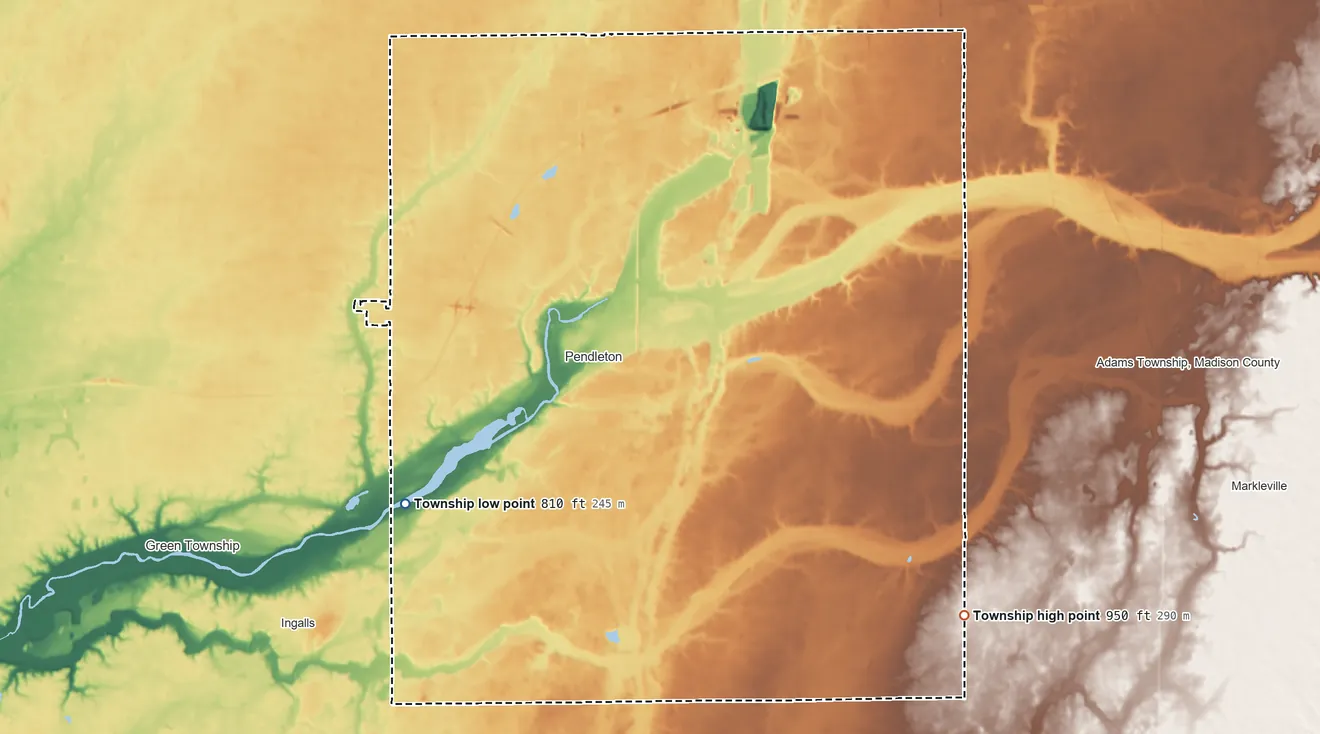 Topographic elevation map of Fall Creek Township, Madison County, Indiana, shaded from 810 ft on the southwest side to 950 ft on the southeast side