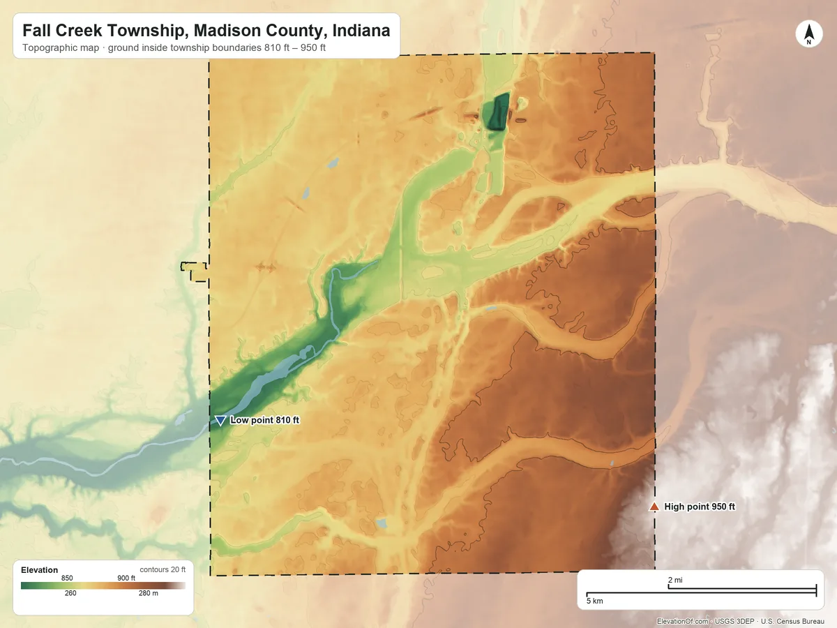Topographic elevation map of Fall Creek Township, Madison County, Indiana, shaded from 810 ft on the southwest side to 950 ft on the southeast side
