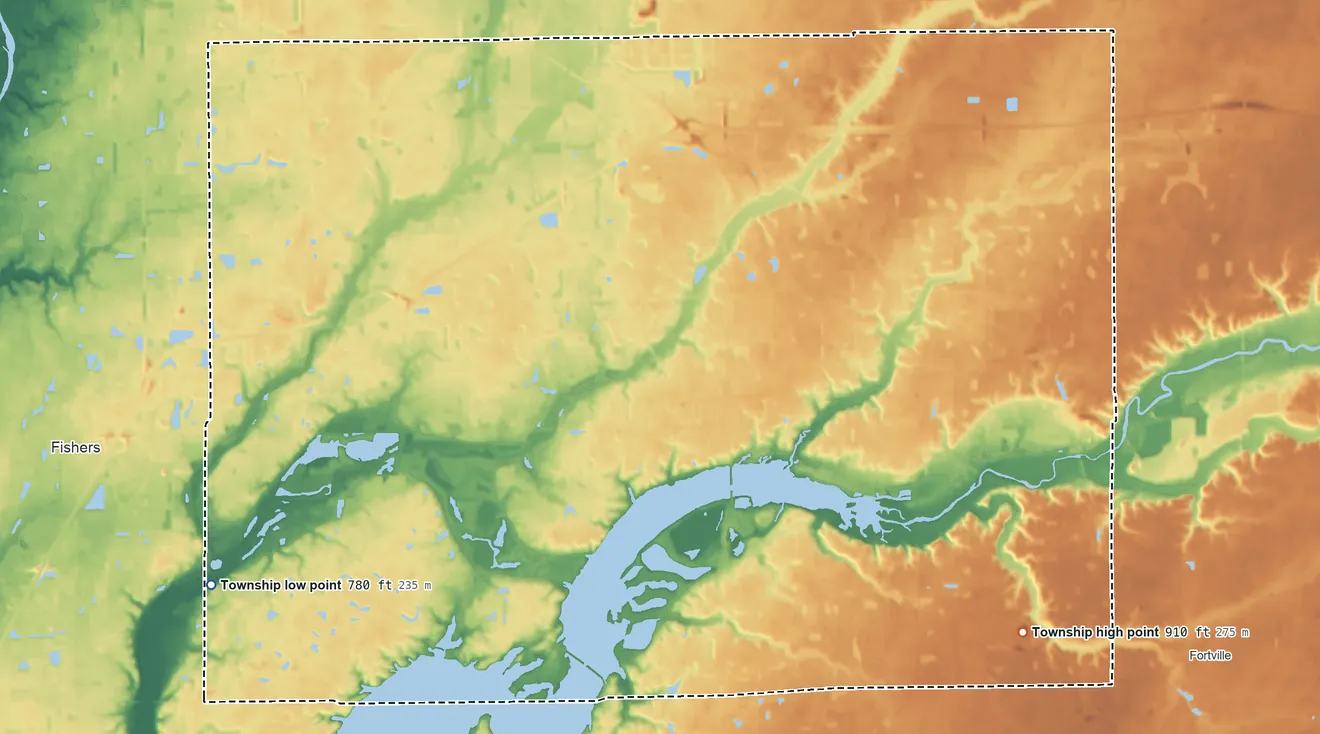 Topographic elevation map of Fall Creek Township, Indiana, shaded from 780 ft on the southwest side to 910 ft on the southeast side
