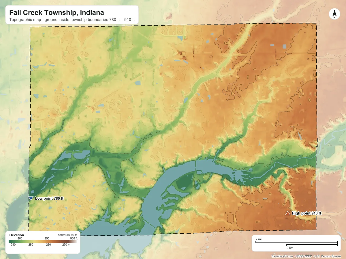 Topographic elevation map of Fall Creek Township, Indiana, shaded from 780 ft on the southwest side to 910 ft on the southeast side