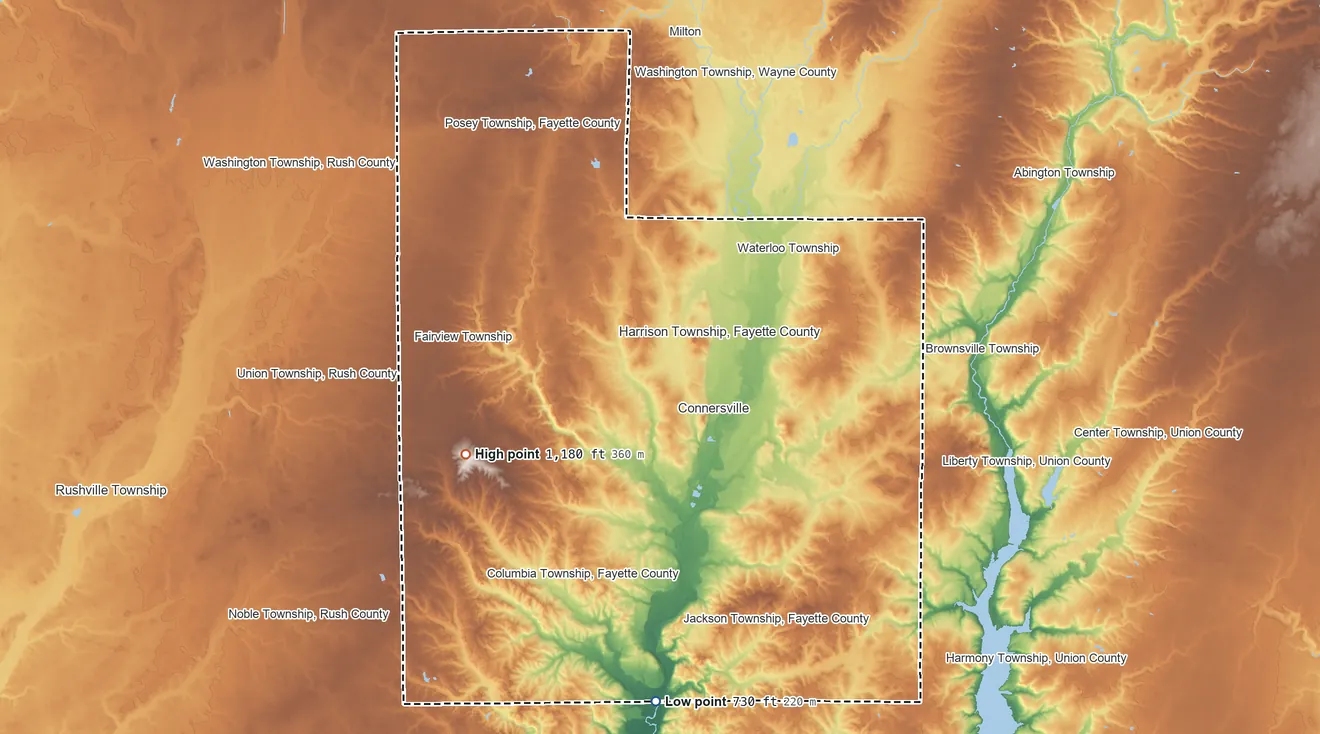 Topographic elevation map of Fayette County, Indiana, shaded from 730 ft on the south side to 1,180 ft on the southwest side