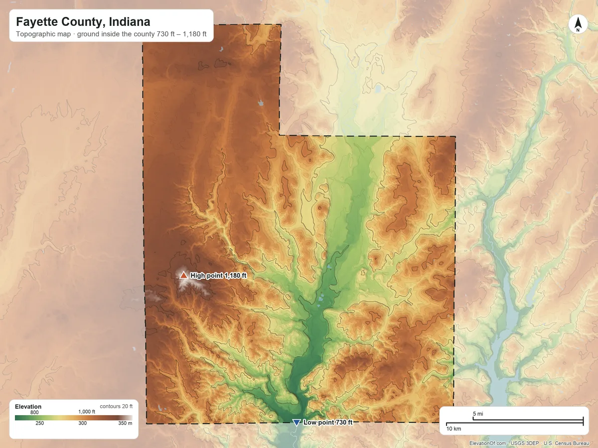 Topographic elevation map of Fayette County, Indiana, shaded from 730 ft on the south side to 1,180 ft on the southwest side