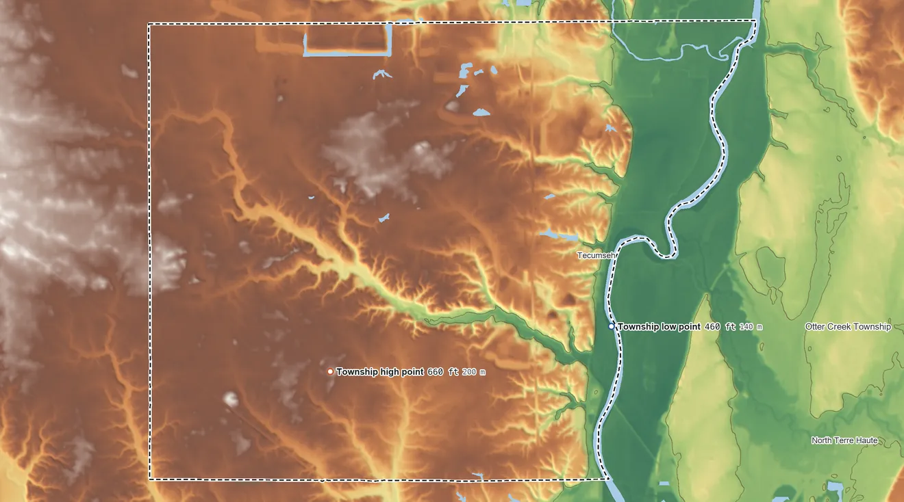 Topographic elevation map of Fayette Township, Indiana, shaded from 460 ft on the southeast side to 660 ft on the southwest side