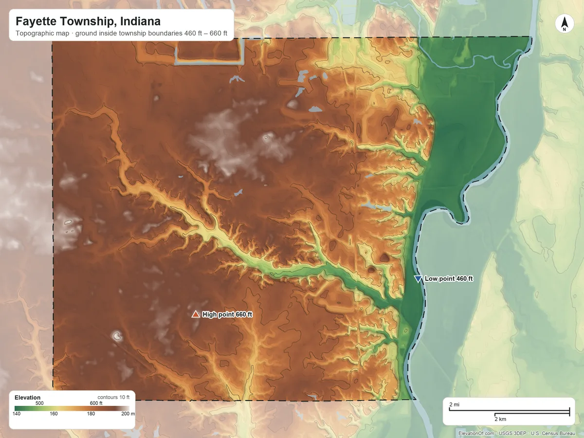 Topographic elevation map of Fayette Township, Indiana, shaded from 460 ft on the southeast side to 660 ft on the southwest side