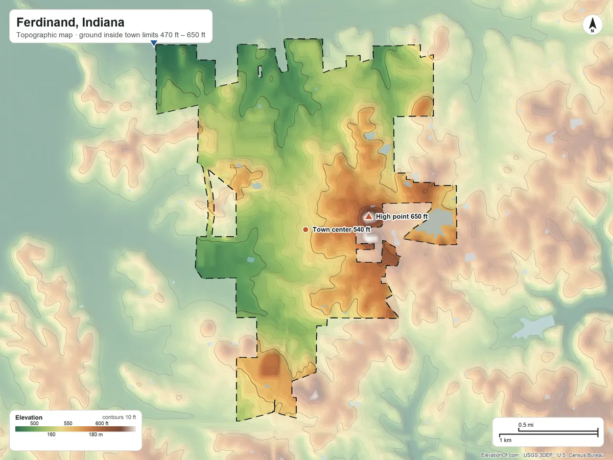 Topographic elevation map of Ferdinand, Indiana, shaded from 470 ft on the northwest side to 650 ft on the east side