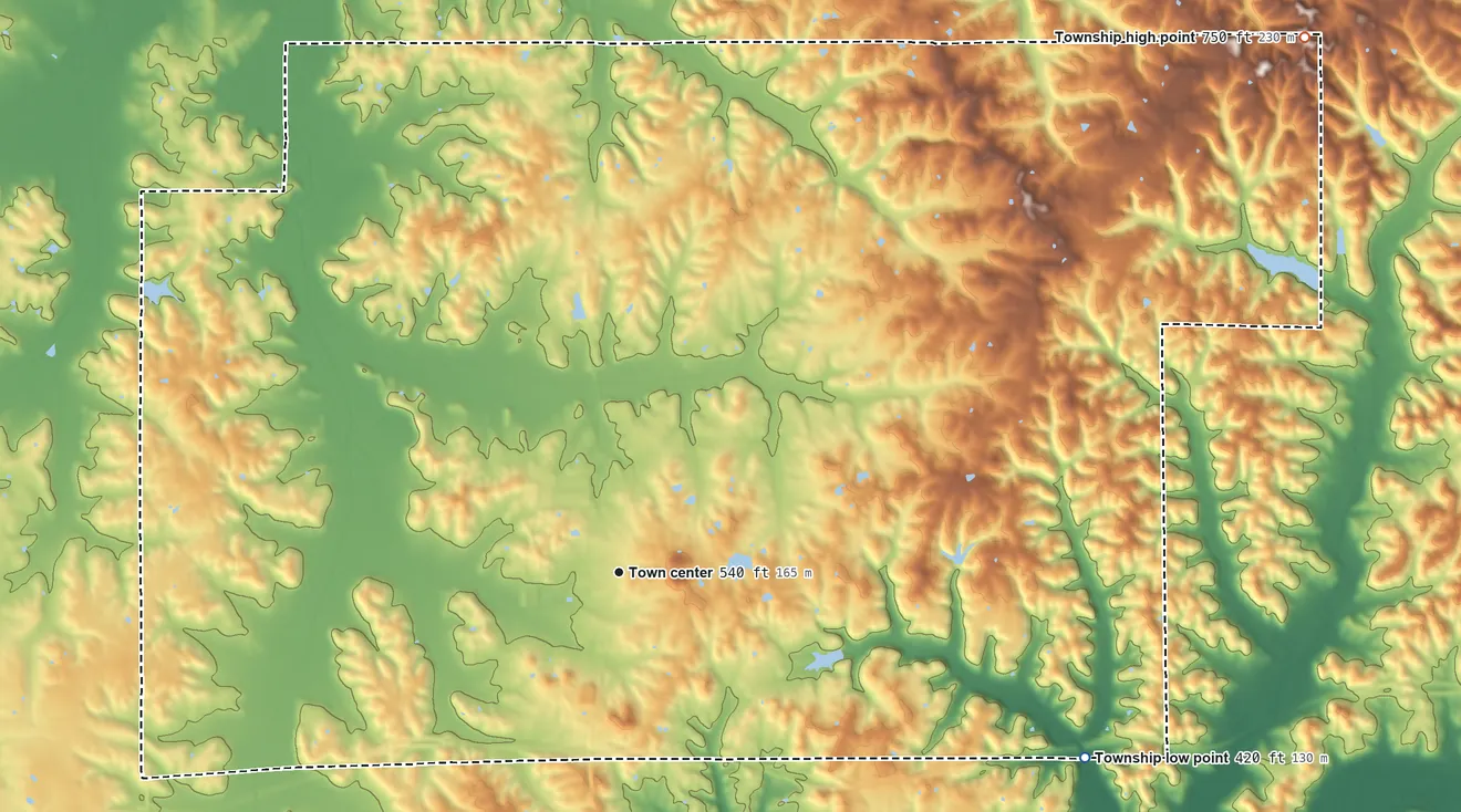 Topographic elevation map of Ferdinand Township, Indiana, shaded from 420 ft on the east side to 750 ft on the northeast side