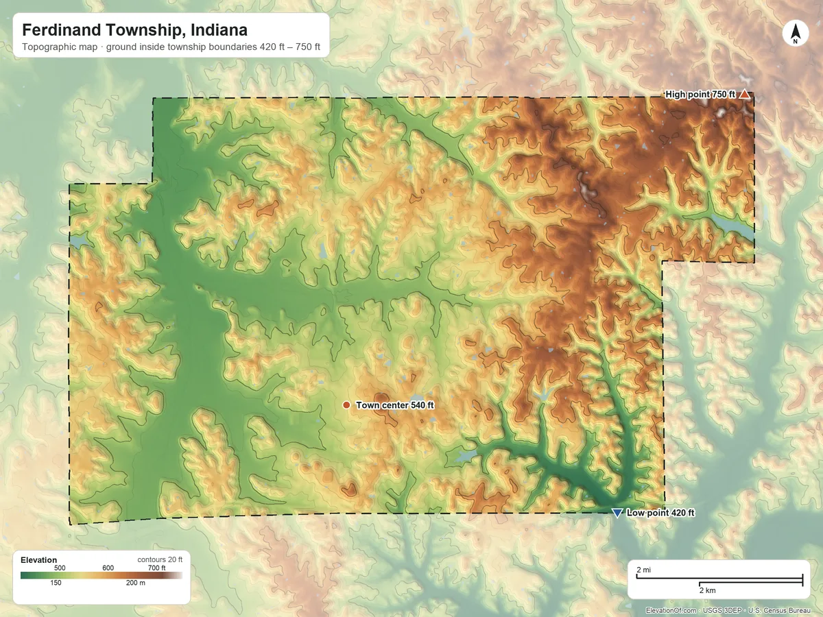 Topographic elevation map of Ferdinand Township, Indiana, shaded from 420 ft on the east side to 750 ft on the northeast side
