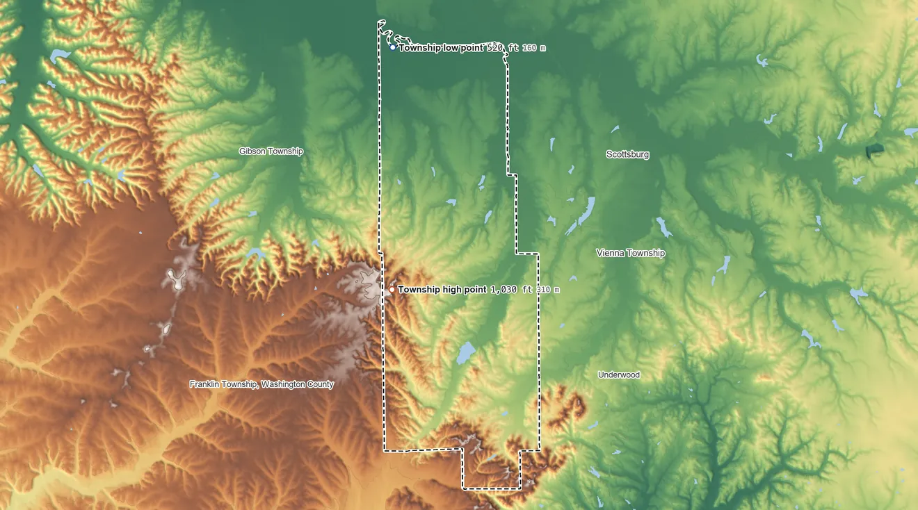 Topographic elevation map of Finley Township, Indiana, shaded from 520 ft on the north side to 1,030 ft on the southwest side