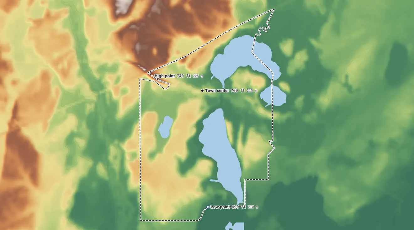 Topographic elevation map of Fish Lake, Indiana, shaded from 690 ft on the south side to 740 ft on the west side