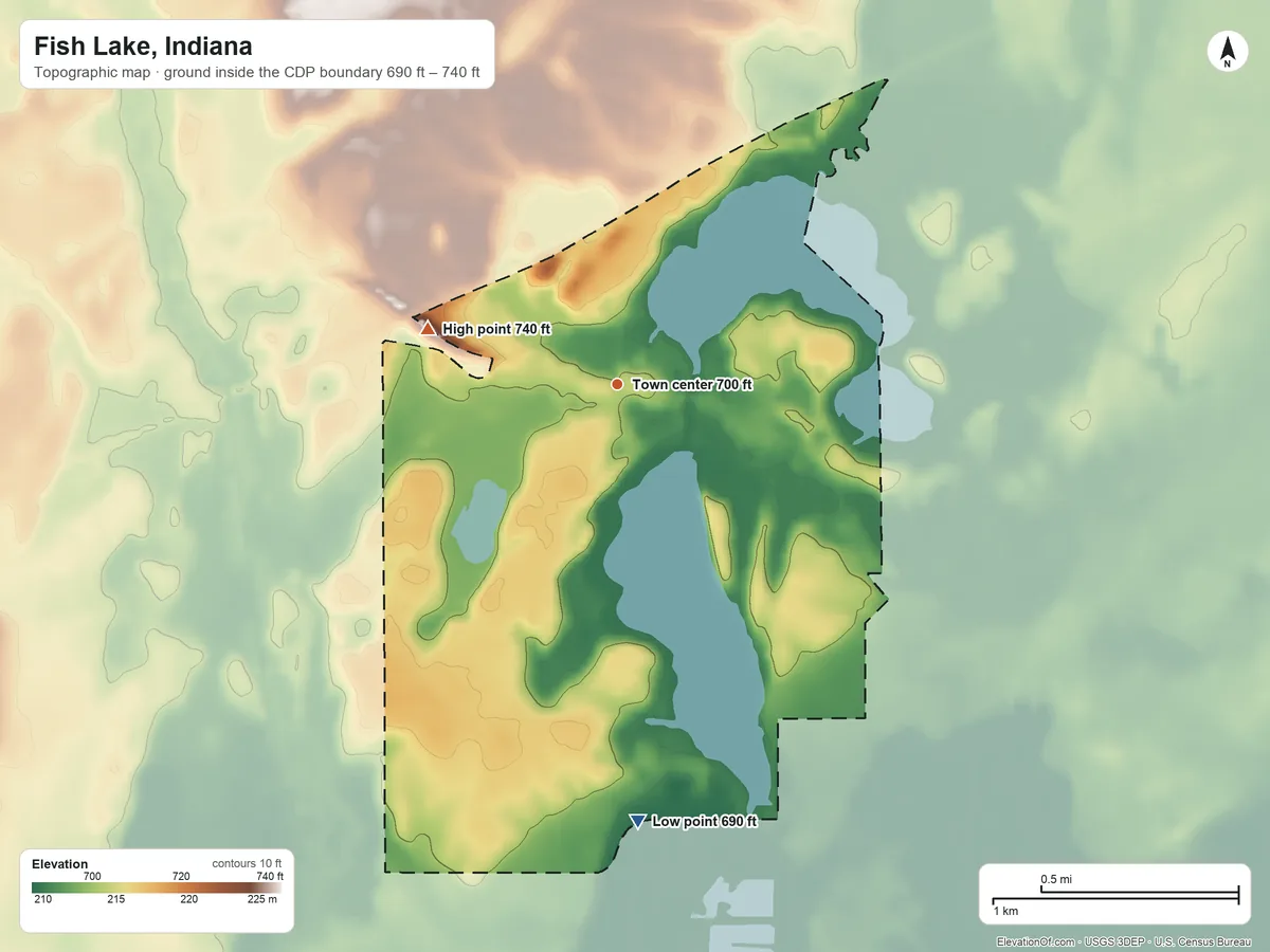 Topographic elevation map of Fish Lake, Indiana, shaded from 690 ft on the south side to 740 ft on the west side