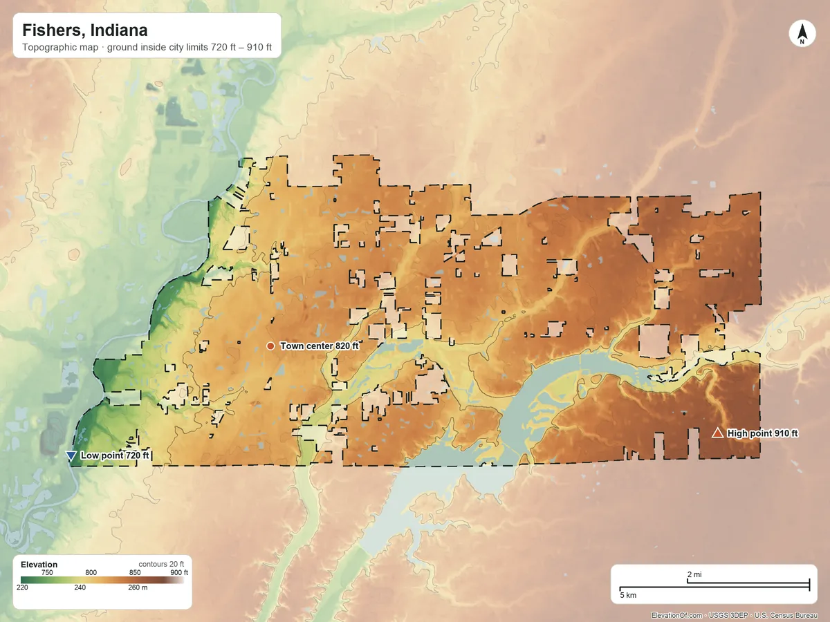 Topographic elevation map of Fishers, Indiana, shaded from 720 ft on the southwest side to 910 ft on the east side