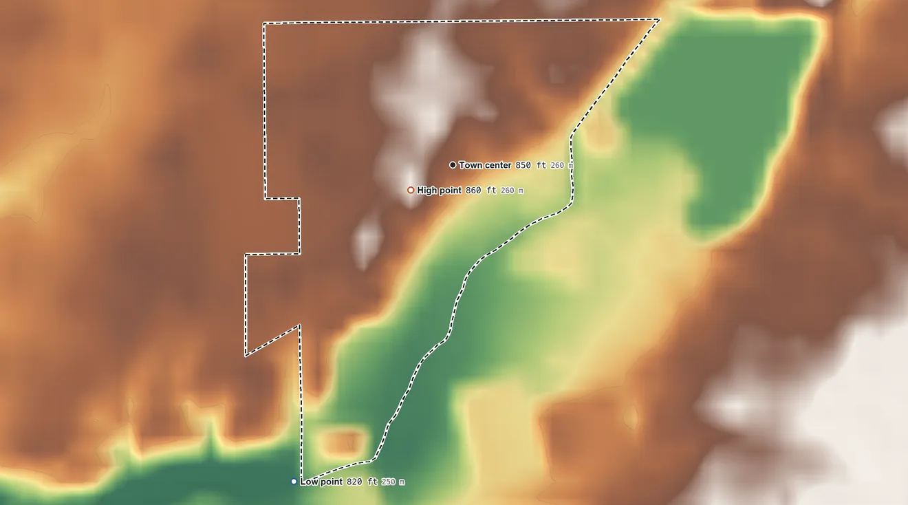 Topographic elevation map of Fishersburg, Indiana, shaded from 820 ft on the southwest side to 860 ft near the middle