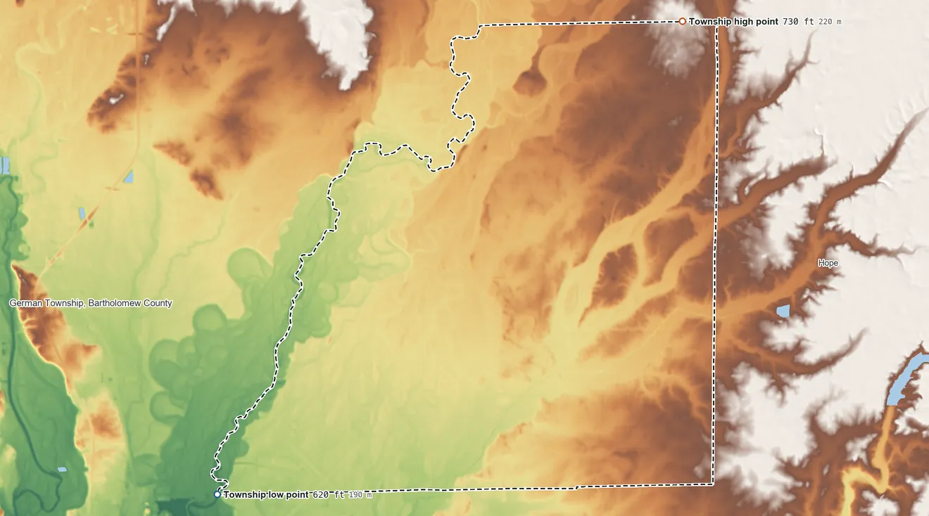Topographic elevation map of Flat Rock Township, Indiana, shaded from 620 ft on the southwest side to 730 ft on the northeast side