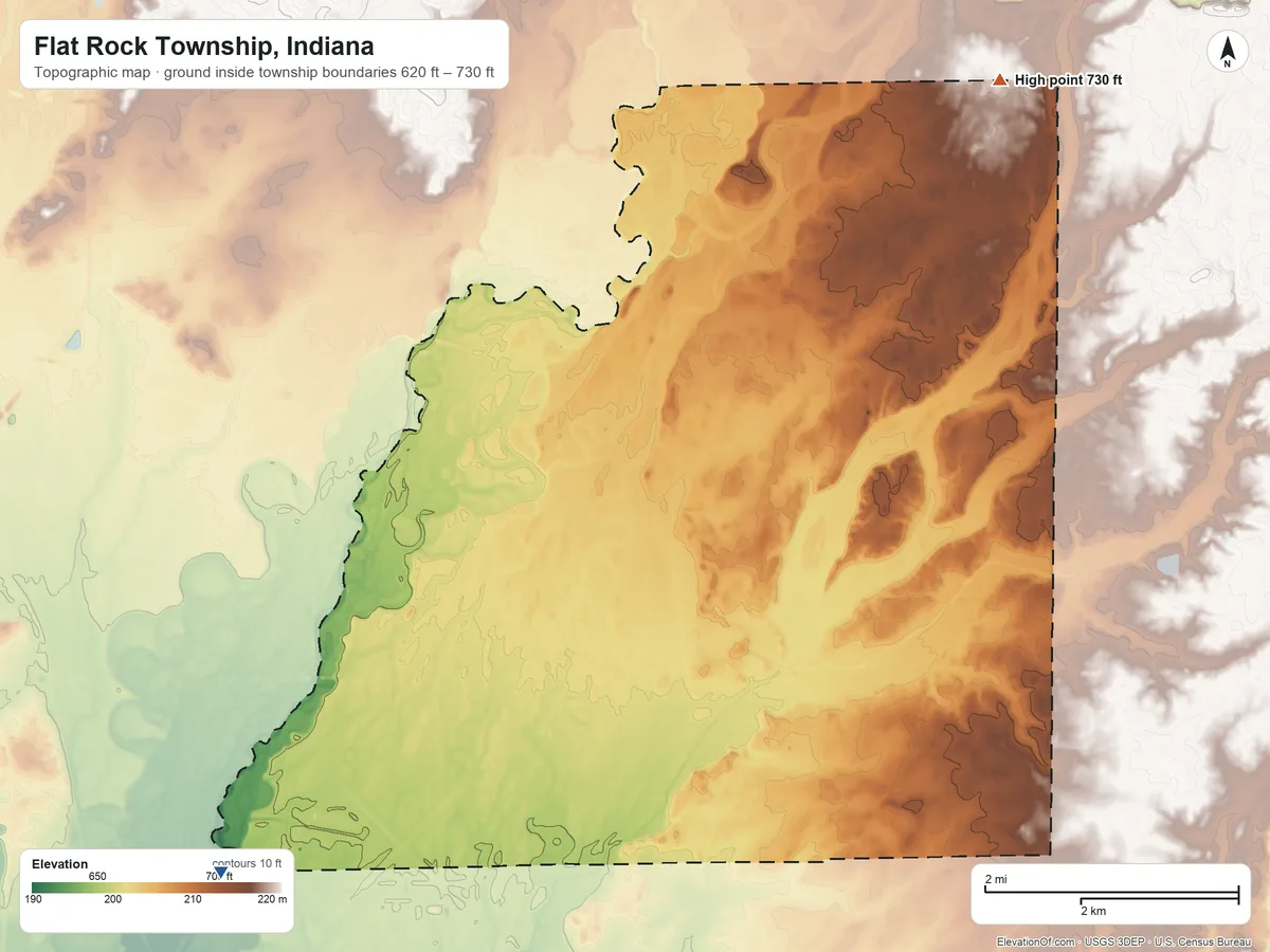 Topographic elevation map of Flat Rock Township, Indiana, shaded from 620 ft on the southwest side to 730 ft on the northeast side