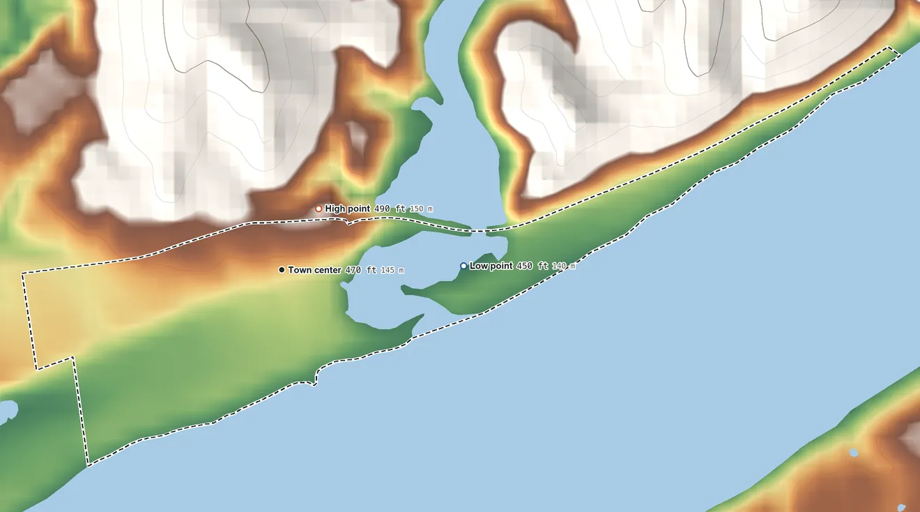 Topographic elevation map of Florence, Indiana, shaded from 450 ft on the east side to 490 ft near the middle