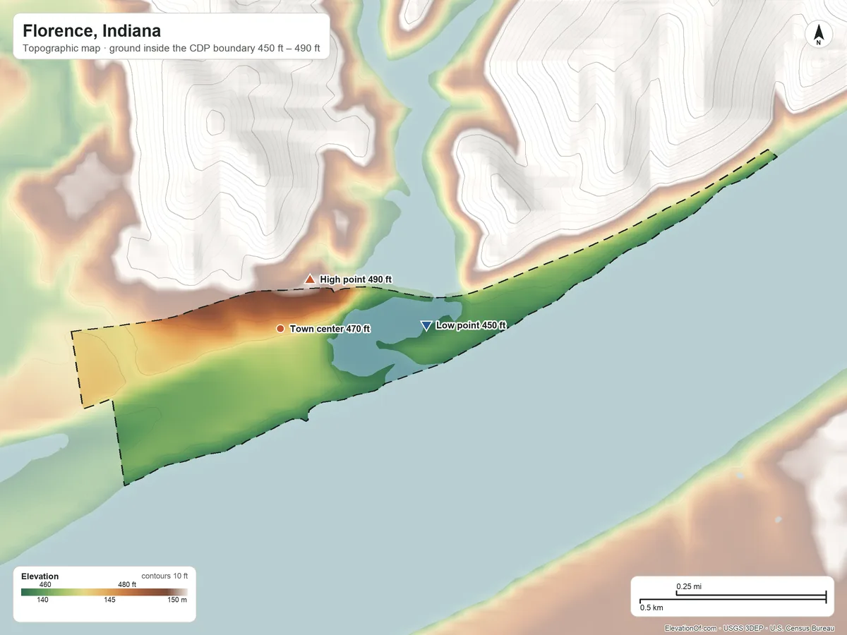 Topographic elevation map of Florence, Indiana, shaded from 450 ft on the east side to 490 ft near the middle
