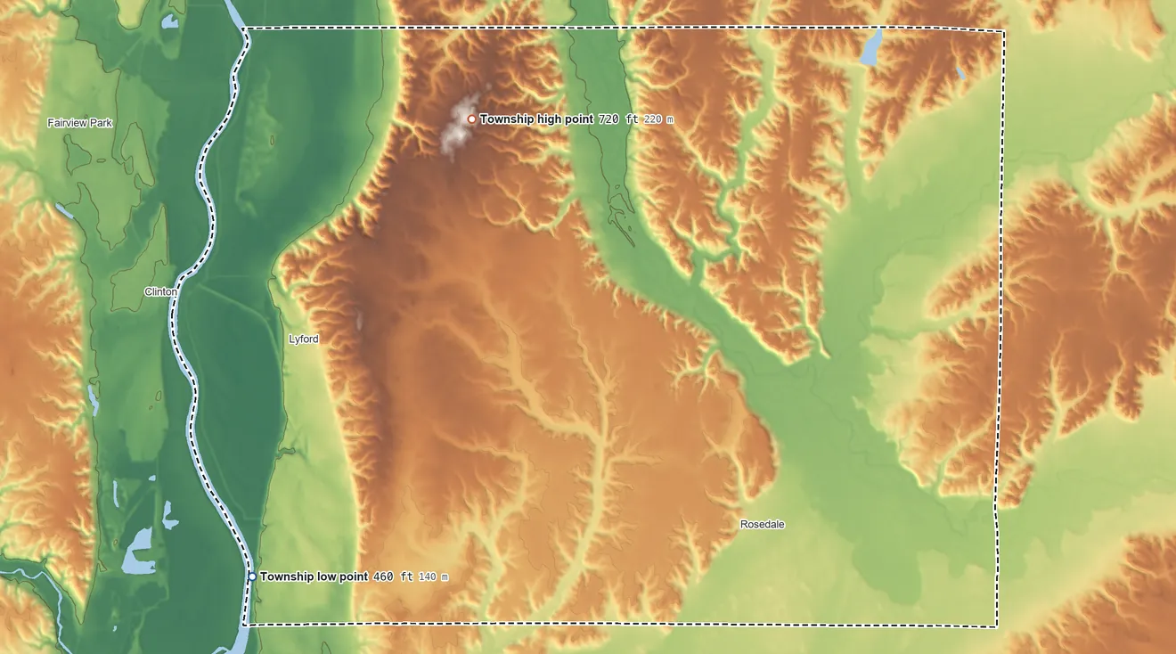 Topographic elevation map of Florida Township, Indiana, shaded from 460 ft on the west side to 720 ft on the north side