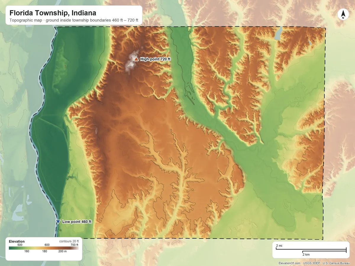 Topographic elevation map of Florida Township, Indiana, shaded from 460 ft on the west side to 720 ft on the north side
