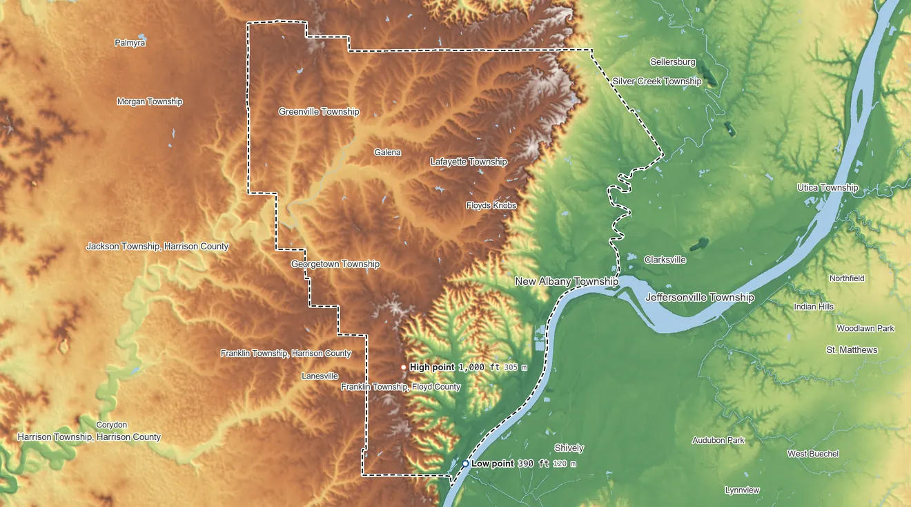 Topographic elevation map of Floyd County, Indiana, shaded from 390 ft on the south side to 1,000 ft on Hickman Hill
