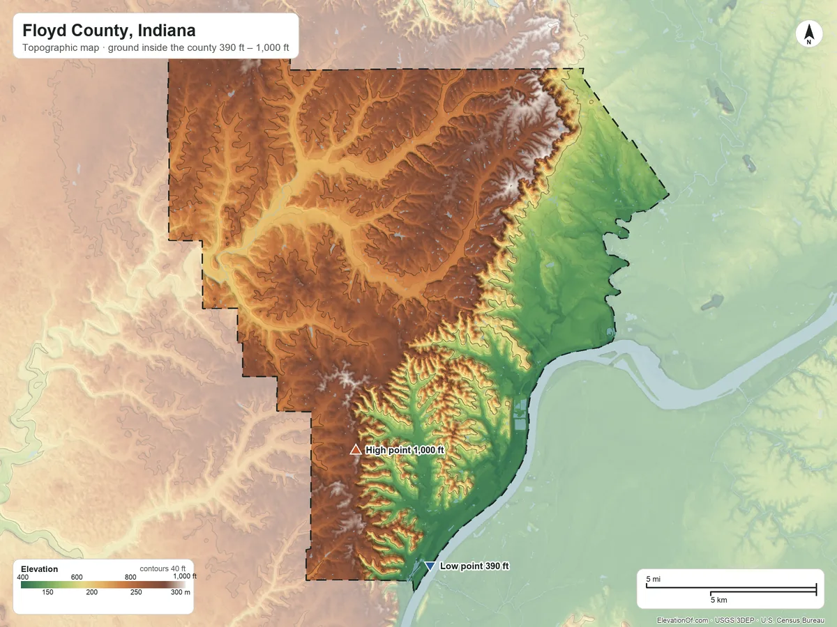 Topographic elevation map of Floyd County, Indiana, shaded from 390 ft on the south side to 1,000 ft on Hickman Hill