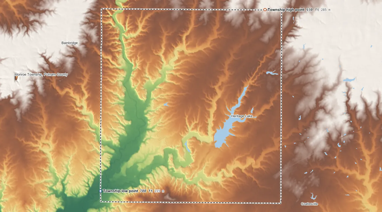 Topographic elevation map of Floyd Township, Indiana, shaded from 700 ft on the southwest side to 930 ft on the northeast side