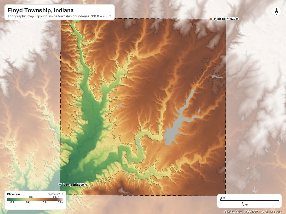 Topographic elevation map of Floyd Township, Indiana, shaded from 700 ft on the southwest side to 930 ft on the northeast side
