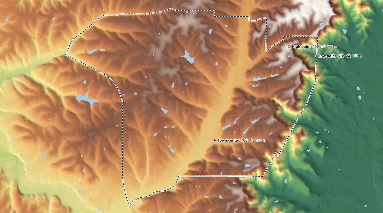 Topographic elevation map of Floyds Knobs, Indiana, shaded from 610 ft on the northeast side to 960 ft on the northeast side