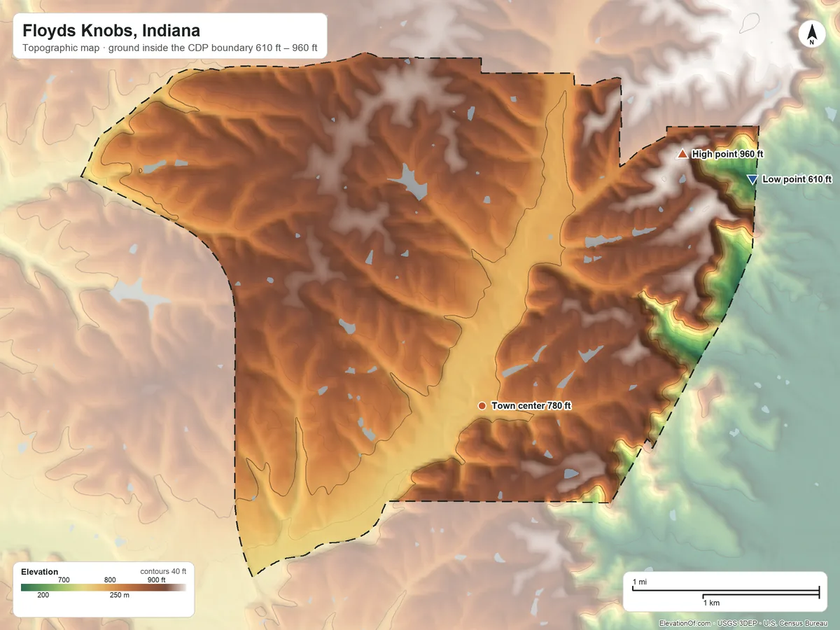 Topographic elevation map of Floyds Knobs, Indiana, shaded from 610 ft on the northeast side to 960 ft on the northeast side