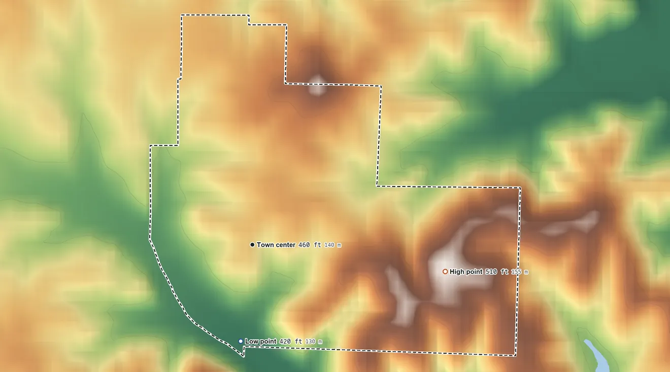 Topographic elevation map of Folsomville, Indiana, shaded from 420 ft on the south side to 510 ft on the east side