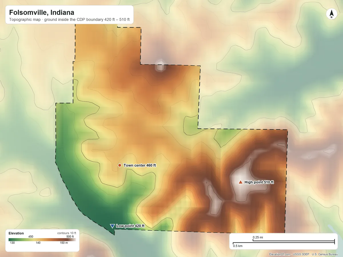 Topographic elevation map of Folsomville, Indiana, shaded from 420 ft on the south side to 510 ft on the east side