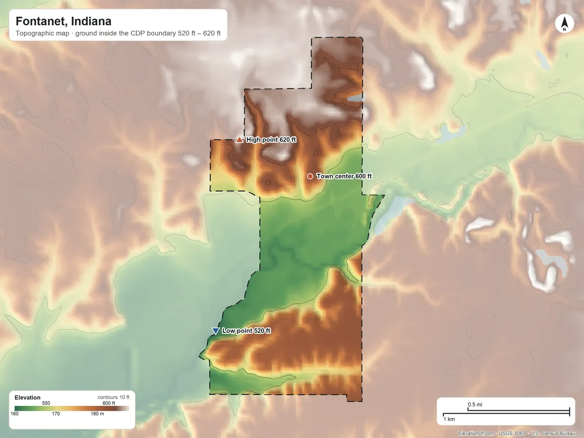 Topographic elevation map of Fontanet, Indiana, shaded from 520 ft on the southwest side to 620 ft on the northwest side