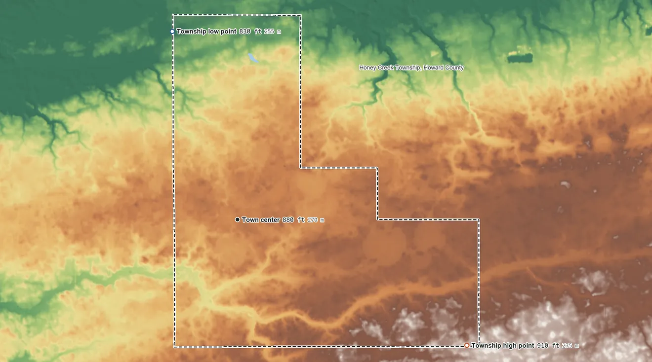 Topographic elevation map of Forest Township, Indiana, shaded from 830 ft on the north side to 910 ft on the southeast side