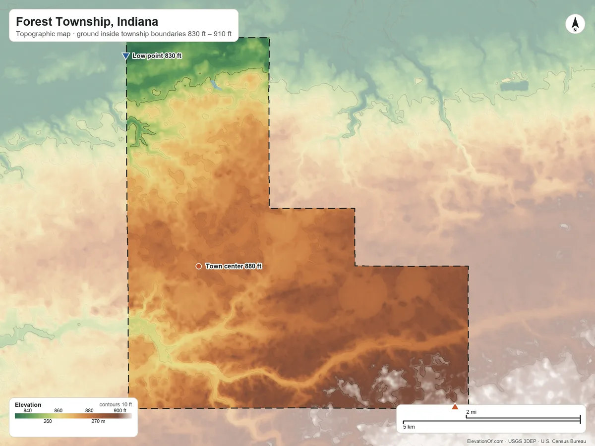 Topographic elevation map of Forest Township, Indiana, shaded from 830 ft on the north side to 910 ft on the southeast side