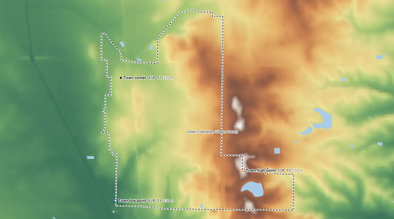 Topographic elevation map of Fort Branch, Indiana, shaded from 420 ft on the south side to 510 ft on the southeast side