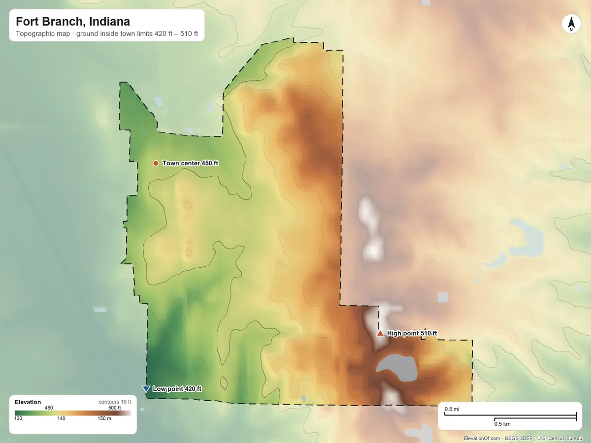 Topographic elevation map of Fort Branch, Indiana, shaded from 420 ft on the south side to 510 ft on the southeast side