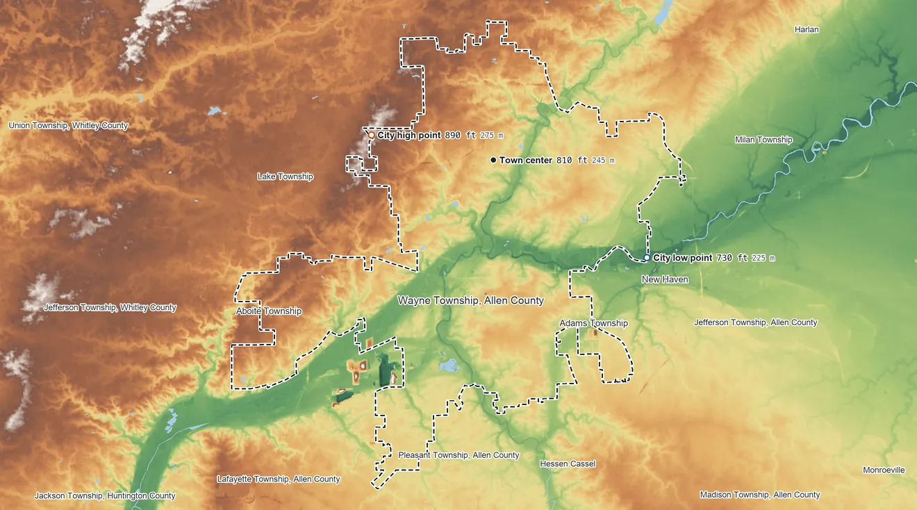 Topographic elevation map of Fort Wayne, Indiana, shaded from 730 ft on the southeast side to 890 ft on the west side