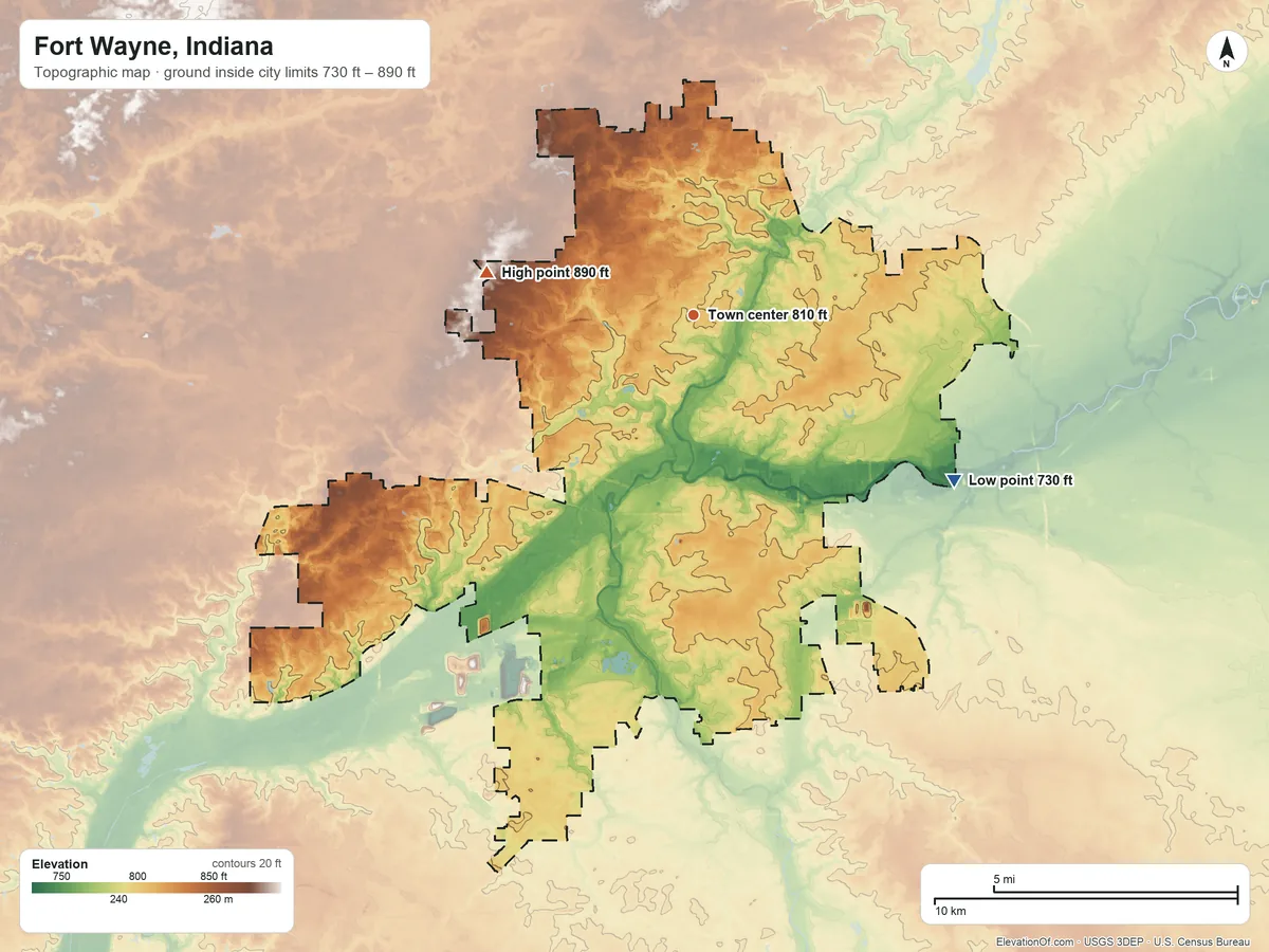 Topographic elevation map of Fort Wayne, Indiana, shaded from 730 ft on the southeast side to 890 ft on the west side