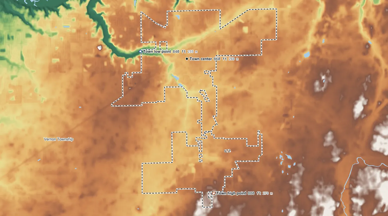 Topographic elevation map of Fortville, Indiana, shaded from 840 ft on the west side to 880 ft on the south side