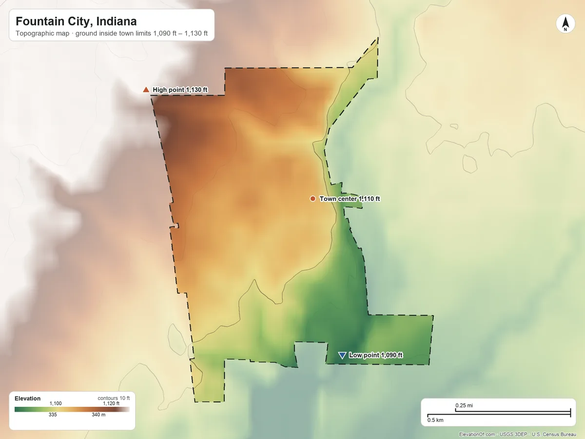 Topographic elevation map of Fountain City, Indiana, shaded from 1,090 ft on the south side to 1,130 ft on the northwest side