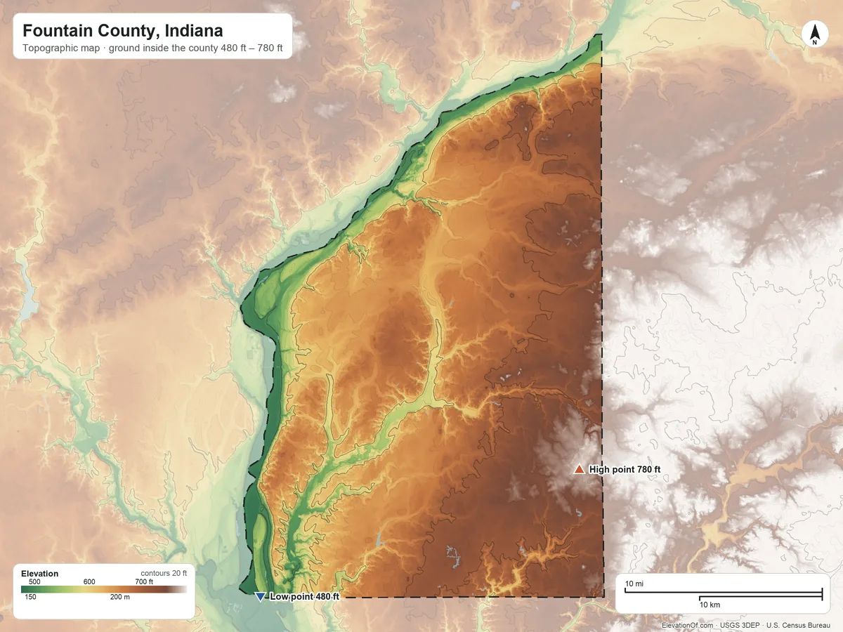 Topographic elevation map of Fountain County, Indiana, shaded from 480 ft on the southwest side to 780 ft on the southeast side