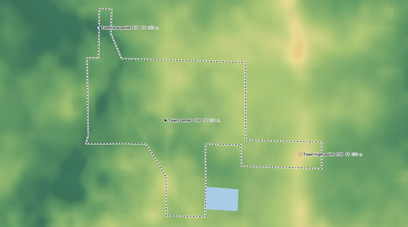 Topographic elevation map of Fowlerton, Indiana, shaded from 870 ft on the northwest side to 890 ft on the east side